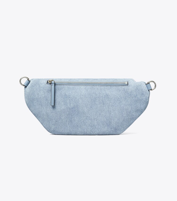 Tory Burch diseñador riñoneras Riñonera Fleming de gamuza suave con impresión de mezclilla en Denim volver