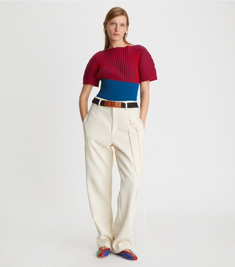 Tory Burch designer jackets Ribbed Bandeau in Dark Sea on model front
