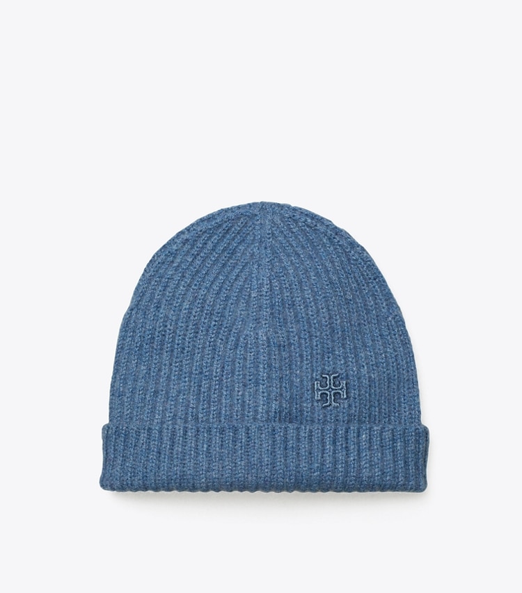 Tory Sport designer hats Ribbed Cashmere Beanie in Blue Wash Heather angle