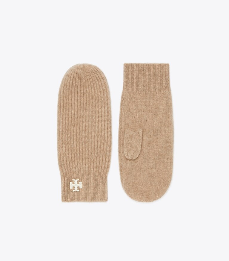 Tory Sport designer gloves Ribbed Cashmere Mittens in Natural Heather front