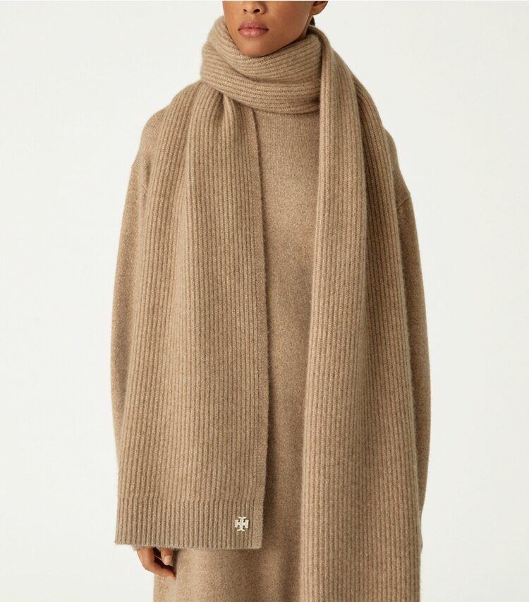 Tory Sport designer scarves Ribbed Cashmere Oversized Scarf in Natural Heather accessory on model