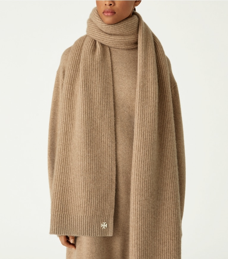 Tory Sport designer scarves Ribbed Cashmere Oversized Scarf in Natural Heather folded