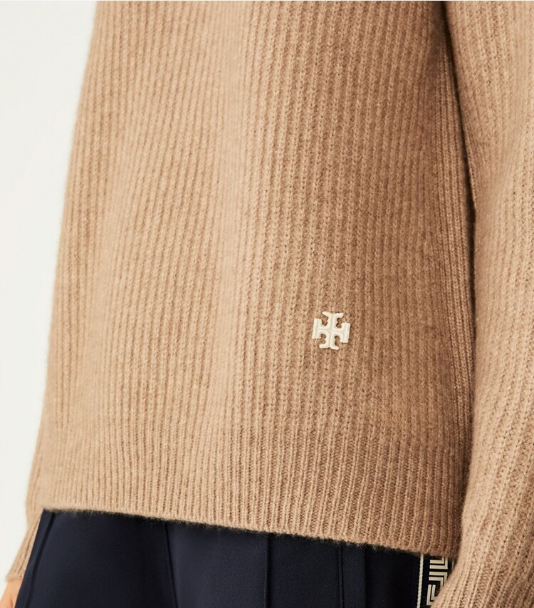 Tory Sport designer sweaters Ribbed Cashmere Sweater in Natural Heather on model detail