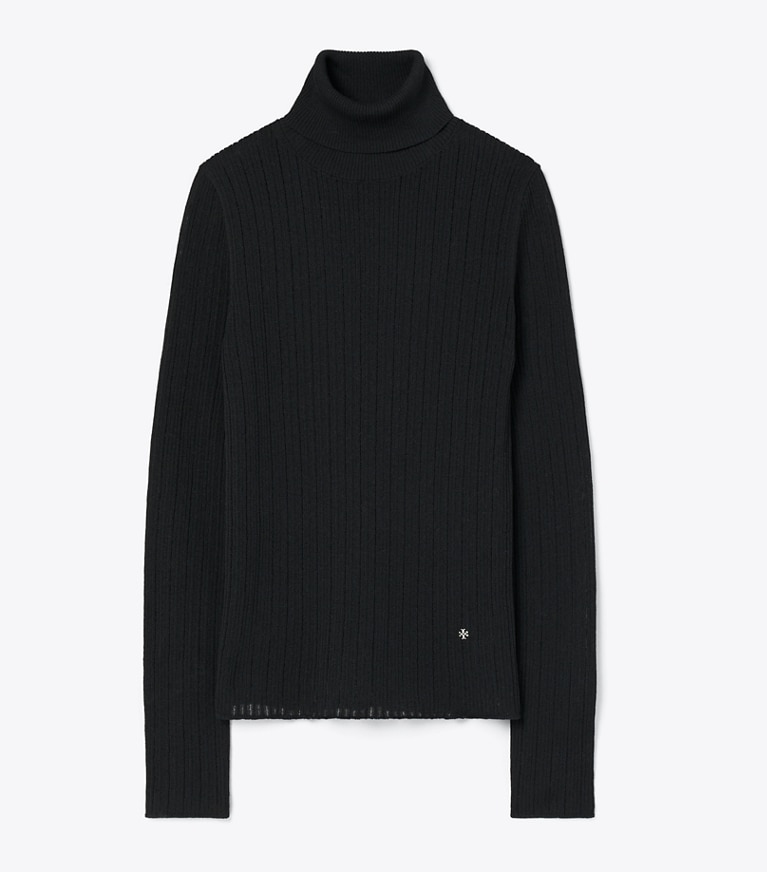 Tory Burch designer sweaters Ribbed Cotton Linen Turtleneck in BLACK front