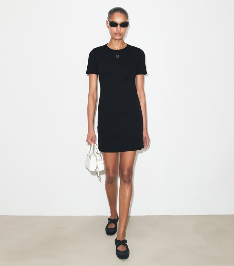 Tory Burch designer dresses Ribbed Cotton T-Shirt Dress in Black on model front