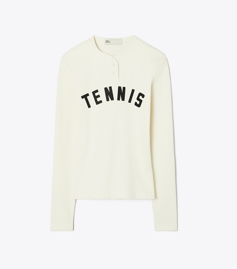 Tory Sport designer tops Ribbed Cotton Tennis Henley in NEW IVORY front