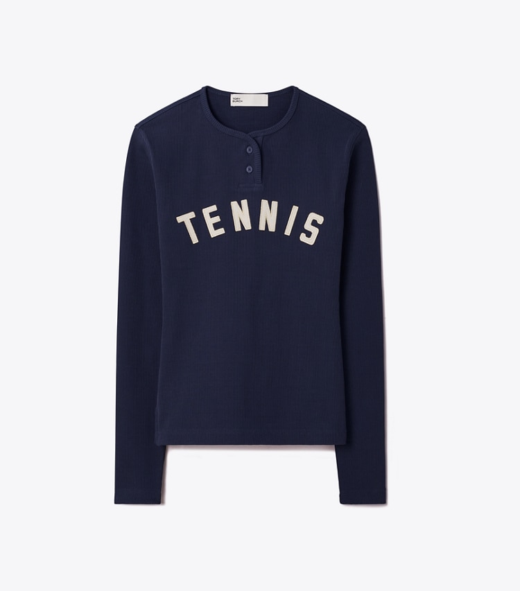 Tory Sport designer tops Ribbed Cotton Tennis Henley in Tory Navy front