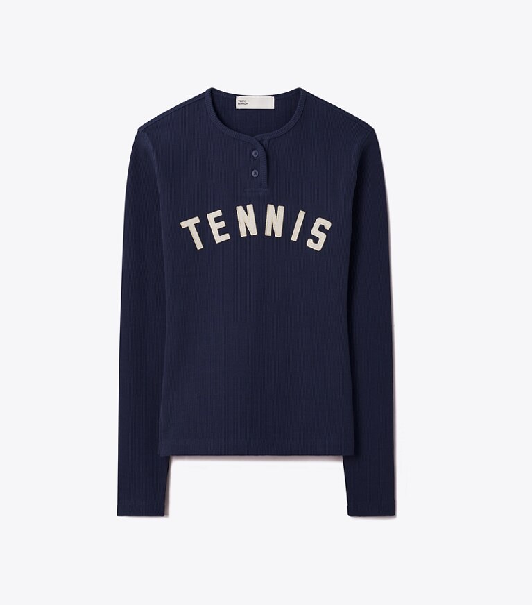 Tory Sport designer tops Ribbed Cotton Tennis Henley in Tory Navy front