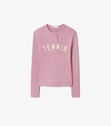 Tory Sport designer tops Ribbed Cotton Tennis Henley in Pink Wisteria front