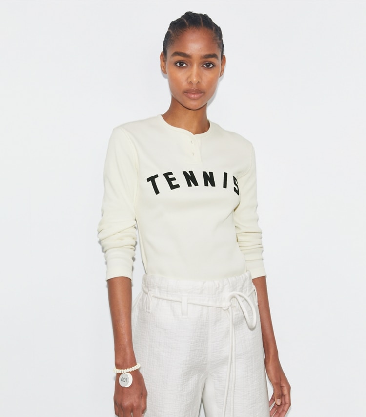 Tory Sport designer tops Ribbed Cotton Tennis Henley in NEW IVORY on model detail