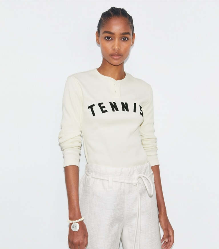 Tory Sport designer tops Ribbed Cotton Tennis Henley in NEW IVORY front