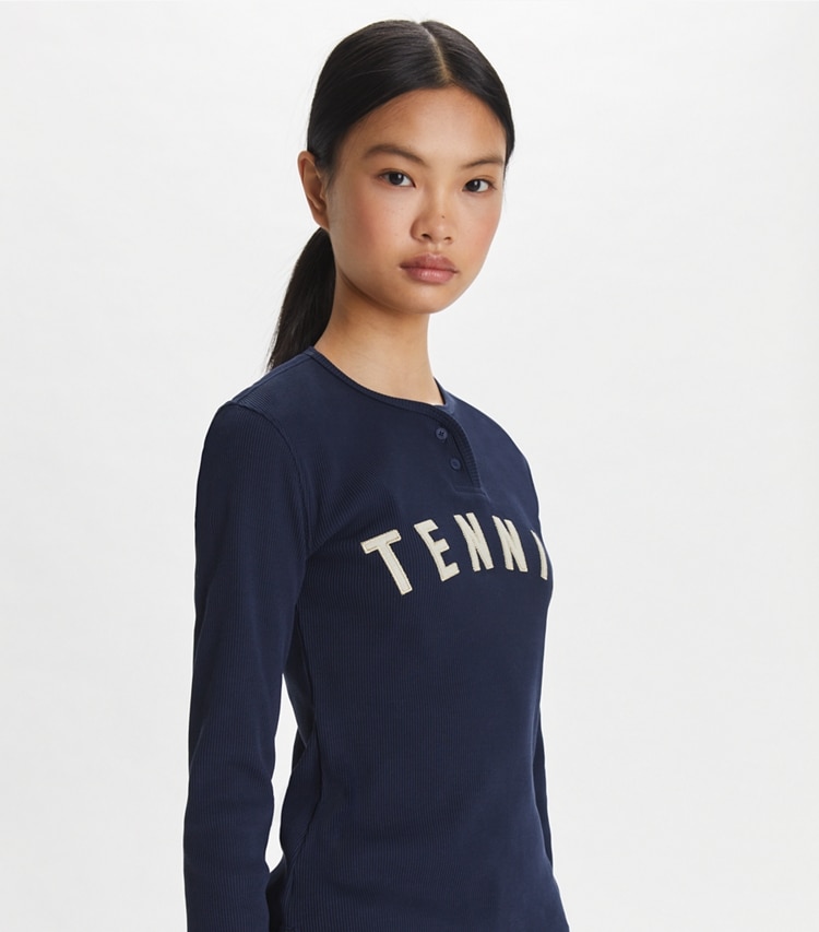 Tory Sport designer tops Ribbed Cotton Tennis Henley in Tory Navy on model detail