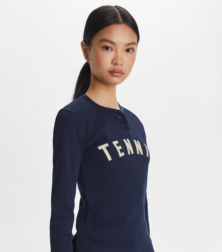 Tory Sport designer tops Ribbed Cotton Tennis Henley in Tory Navy front