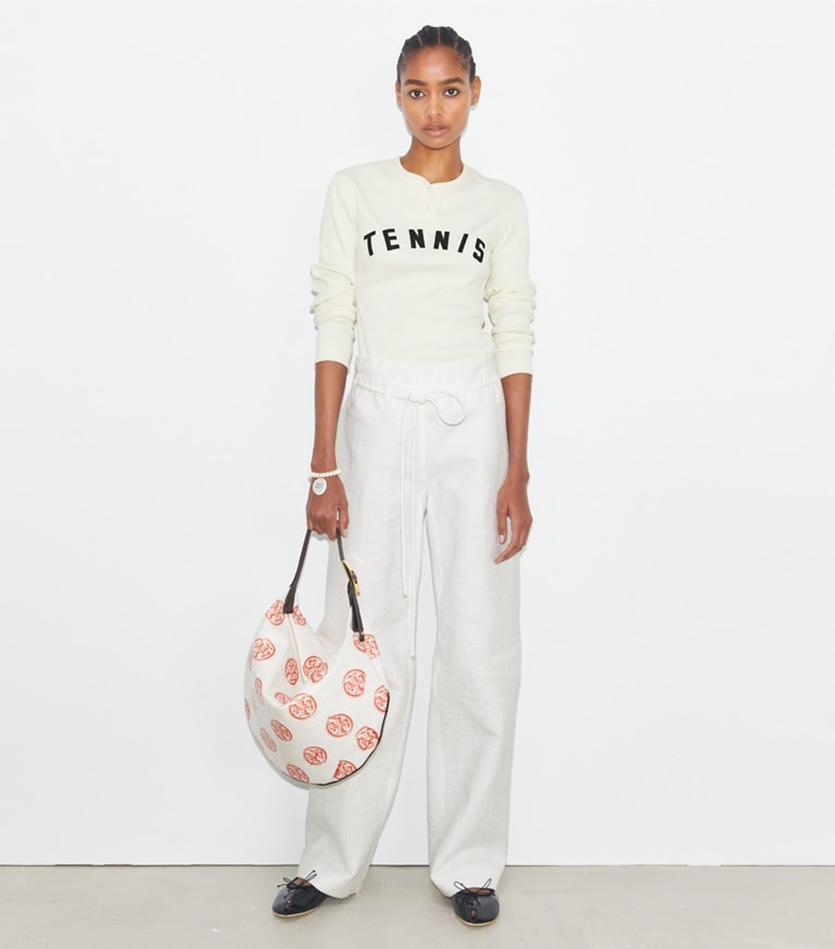Tory Sport designer tops Ribbed Cotton Tennis Henley in NEW IVORY front