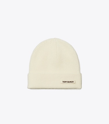 Tory Burch designer hats Ribbed Knit Beanie in Ivory front