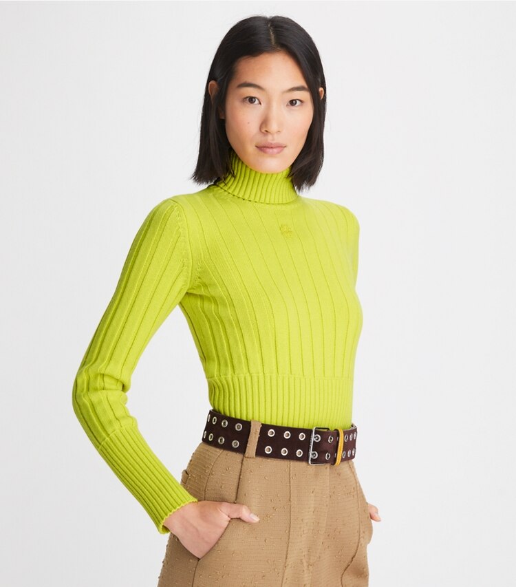 Tory Burch designer sweaters Ribbed Knit Turtleneck in Green Chartreuse on model detail