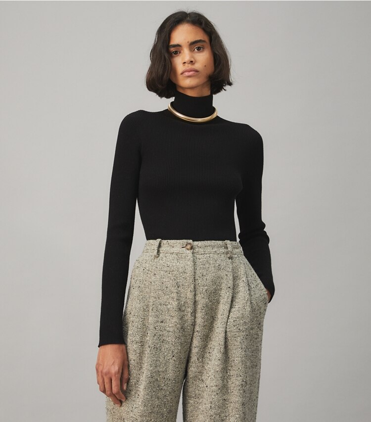 Tory Burch designer sweaters Ribbed Knit Turtleneck in BLACK on model detail
