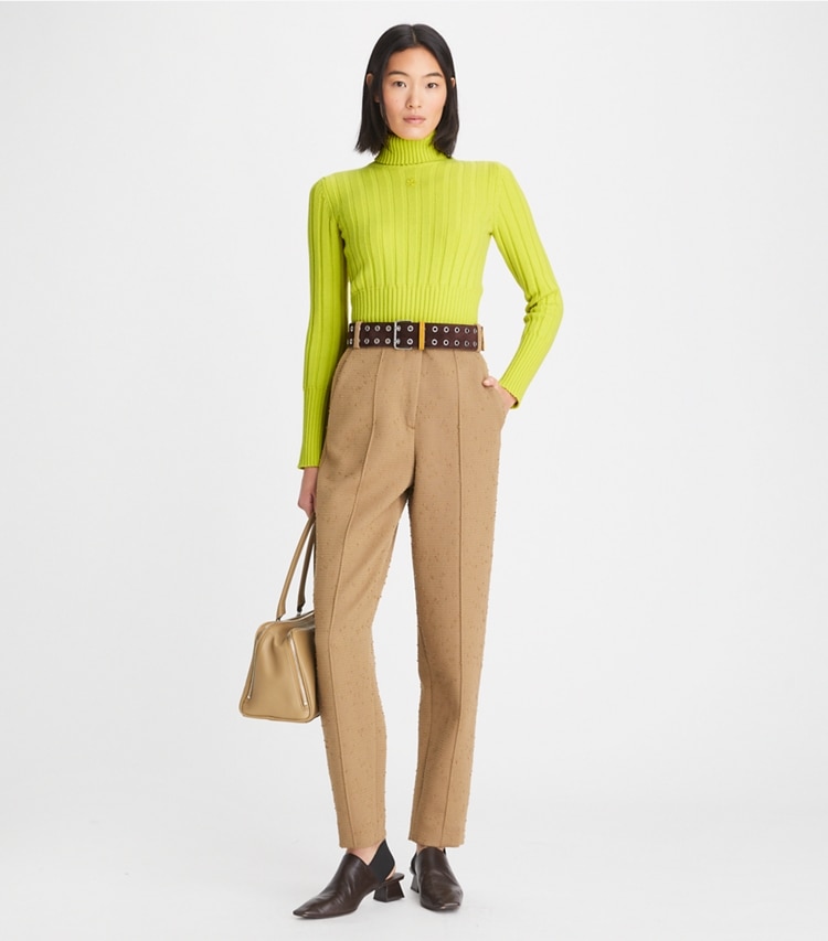 Tory Burch designer sweaters Ribbed Knit Turtleneck in Green Chartreuse on model front