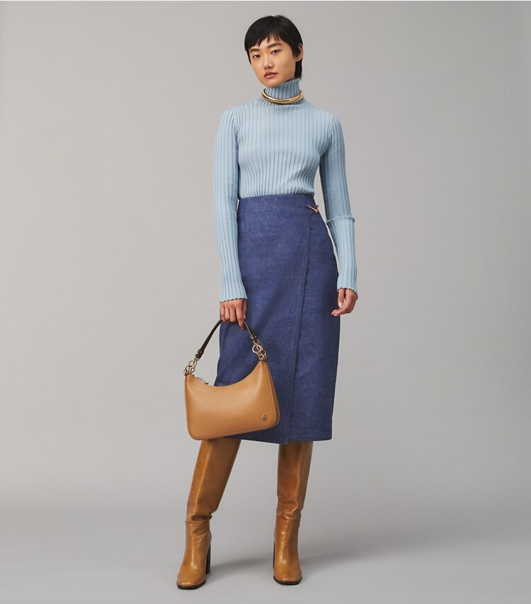 Tory Burch designer sweaters Ribbed Knit Turtleneck in PEWER BLUE on model front