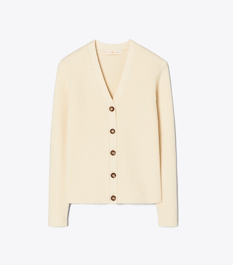 Tory Burch designer sweaters Ribbed Merino Wool Cardigan in French Cream front