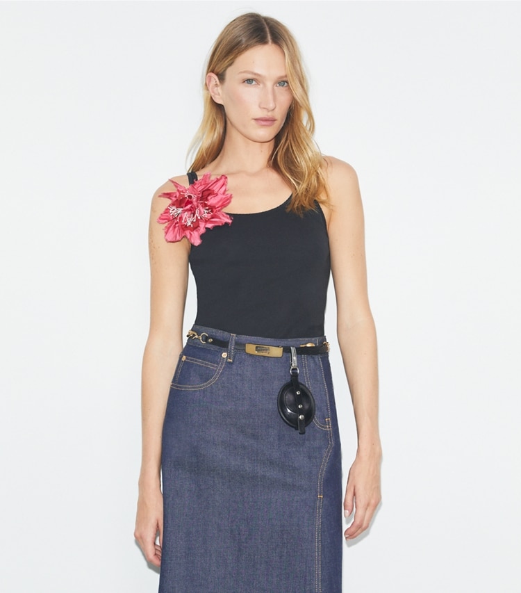 Tory Burch designer tops Ribbed Tank Top in Black on model detail