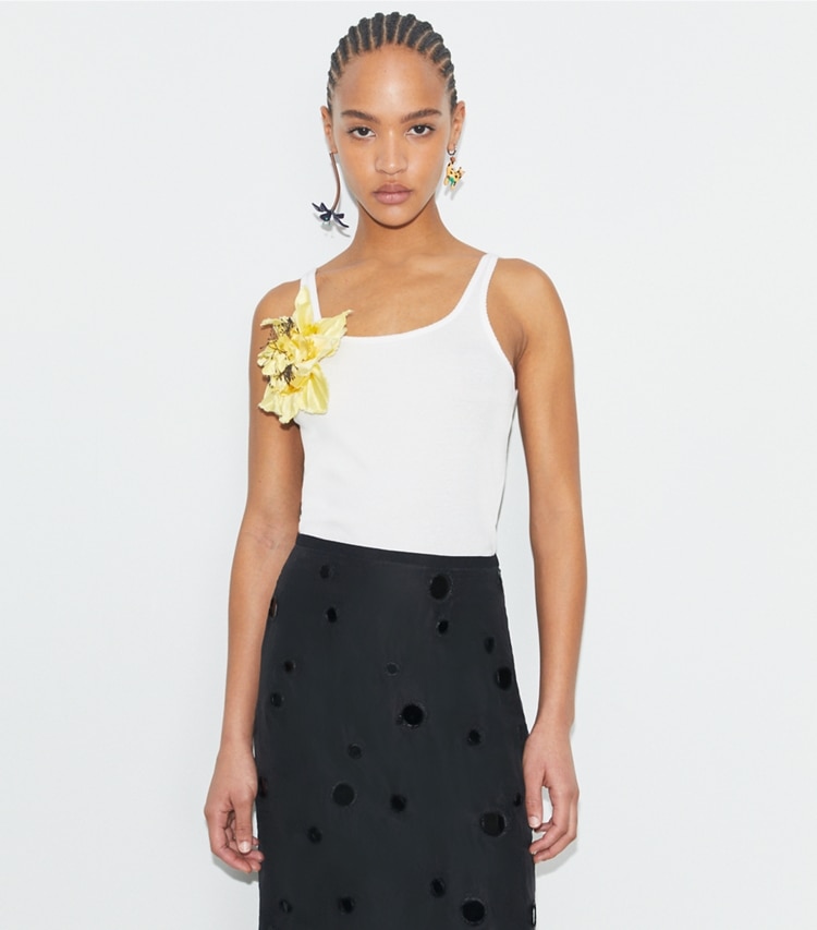 Tory Burch designer tops Ribbed Tank Top in Snow White on model detail