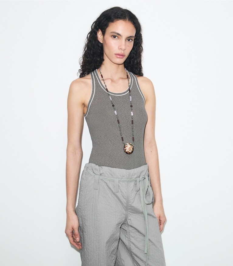 Tory Burch designer tops Ribbed Tank Top in Gray / Light Gray on model detail