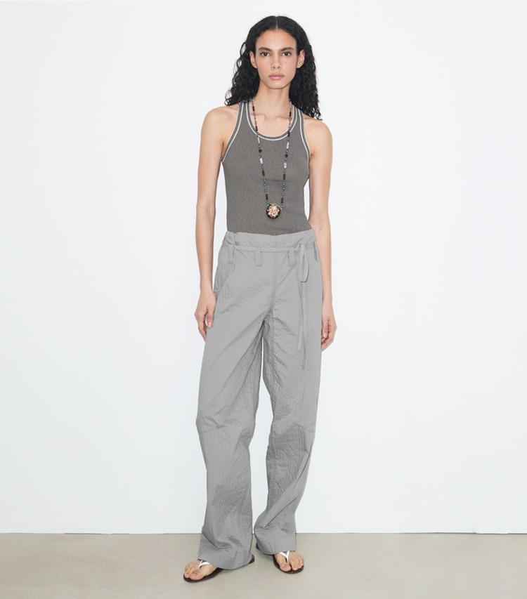Tory Burch designer tops Ribbed Tank Top in Gray / Light Gray on model front