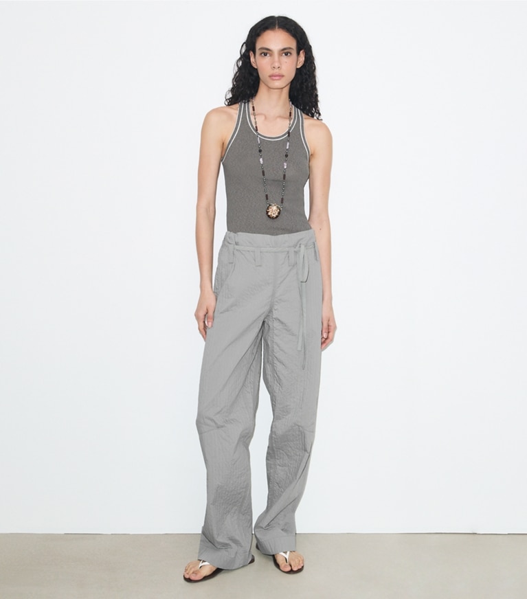 Tory Burch designer tops Ribbed Tank Top in Gray / Light Gray on model front