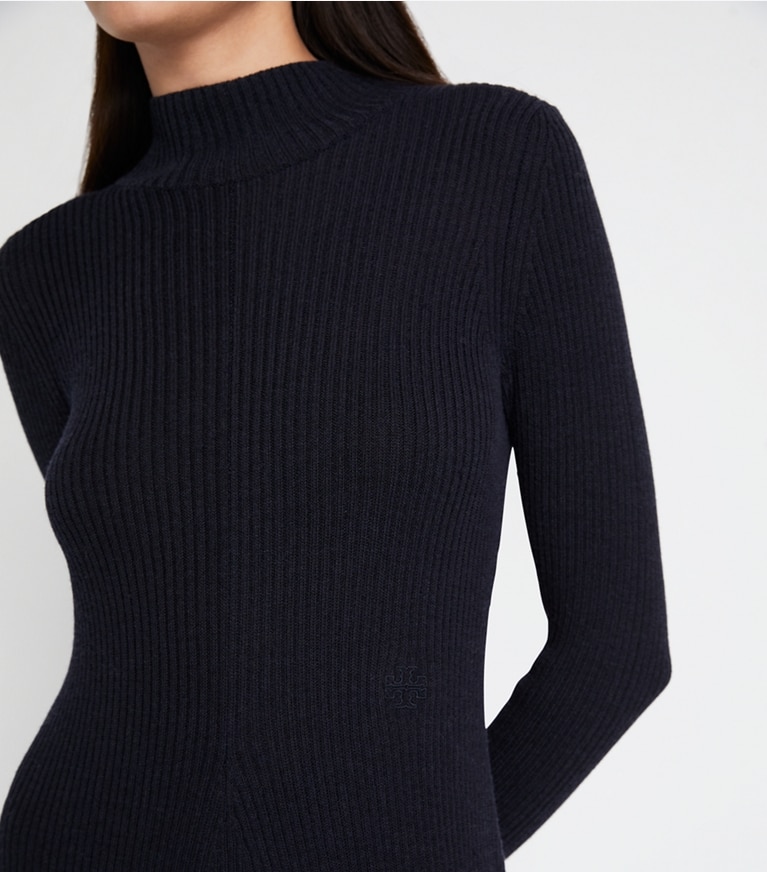 Tory Sport designer dresses Ribbed Turtleneck Dress in French Navy front