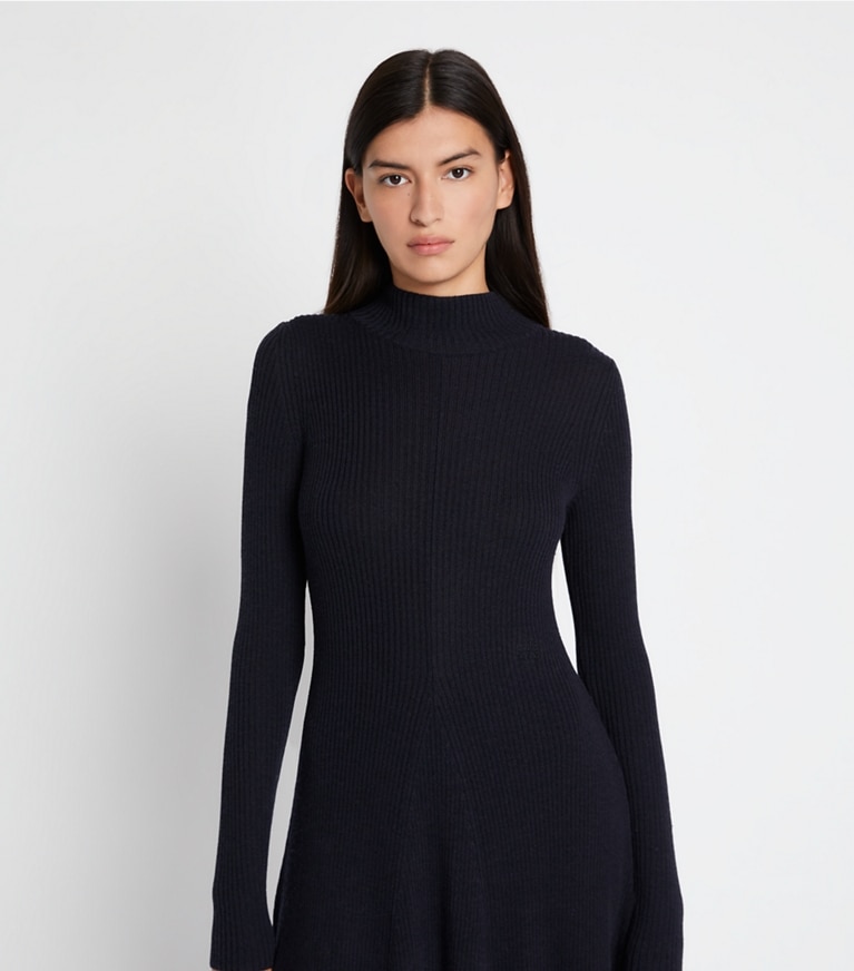 Tory Sport designer dresses Ribbed Turtleneck Dress in French Navy front