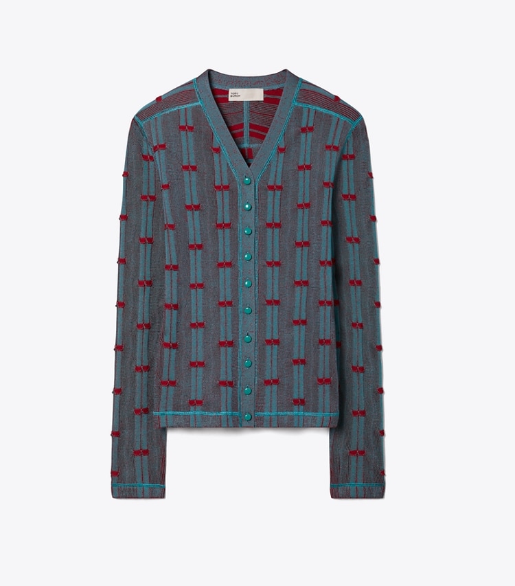 Tory Burch designer sweaters Ribbed Viscose Cardigan in Mermaid / Bordeaux front