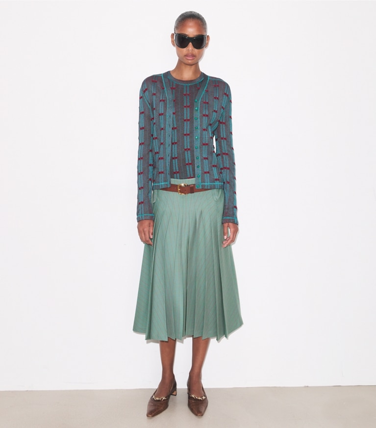 Tory Burch designer sweaters Ribbed Viscose Cardigan in Mermaid / Bordeaux on model front