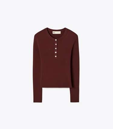 Tory Burch designer sweaters Ribbed Viscose Henley in Dark Sangria front