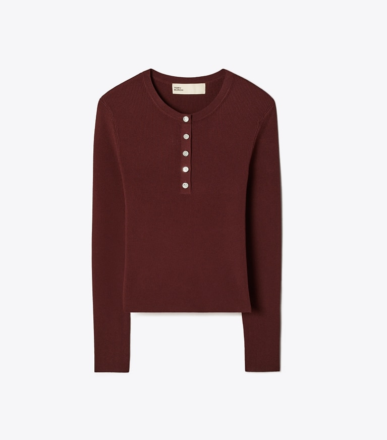 Tory Burch designer sweaters Ribbed Viscose Henley in Dark Sangria front