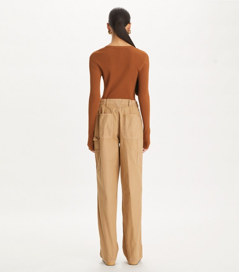 Tory Burch designer sweaters Ribbed Viscose Henley in Cinnamon on model back