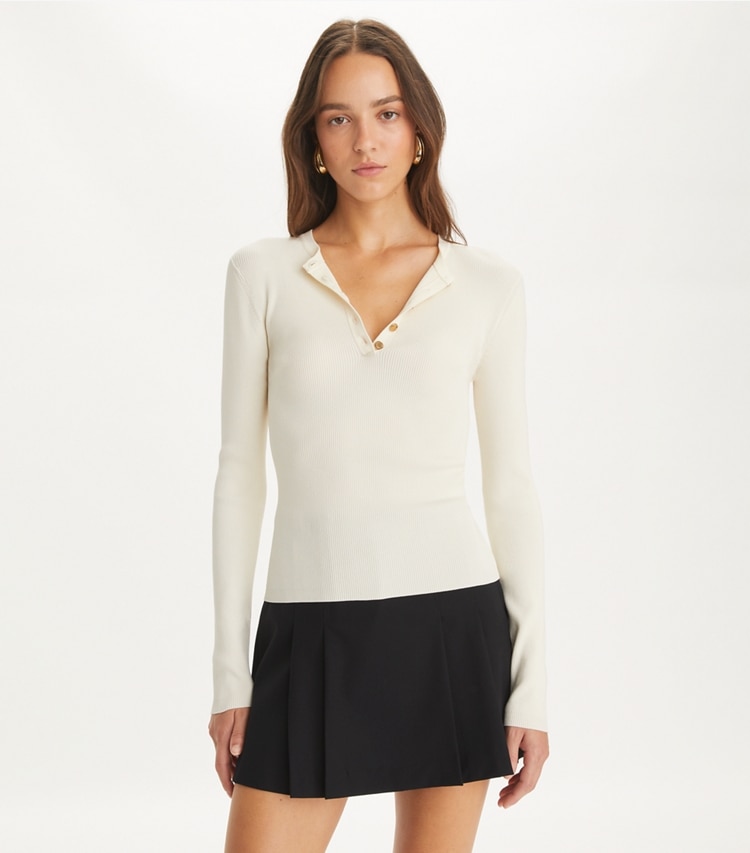 Tory Burch designer jackets Ribbed Viscose Henley in NEW IVORY on model detail