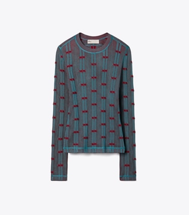 Tory Burch designer sweaters Ribbed Viscose Top in Mermaid / Bordeaux front