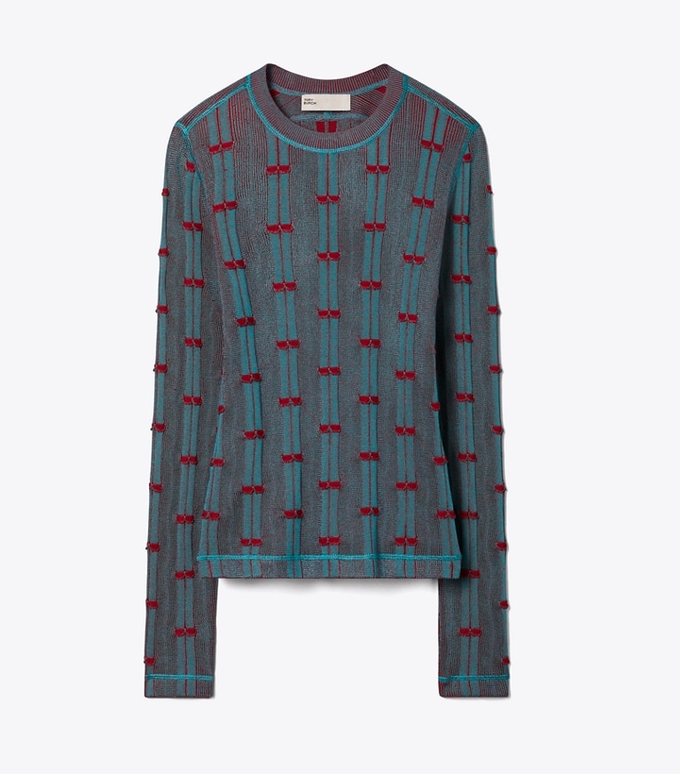 Tory Burch designer sweaters Ribbed Viscose Top in Mermaid / Bordeaux front