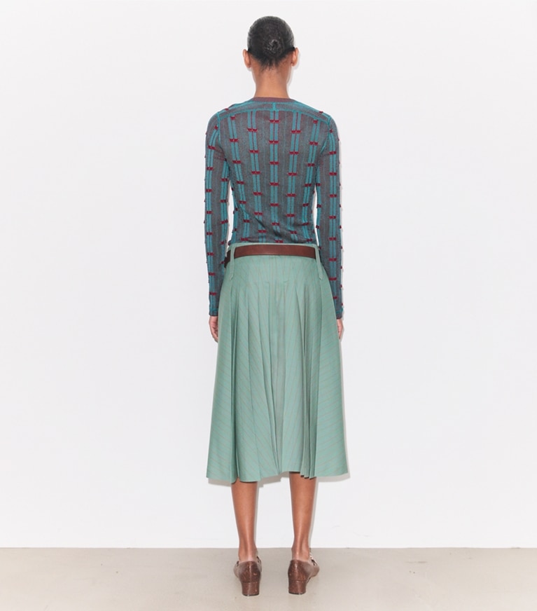 Tory Burch designer sweaters Ribbed Viscose Top in Mermaid / Bordeaux on model back