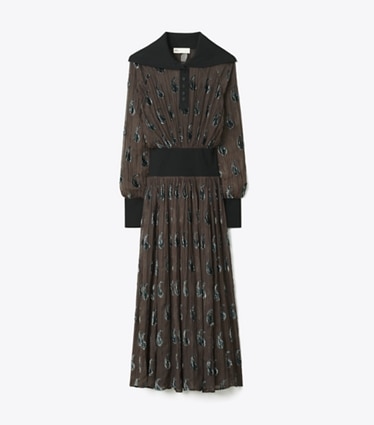 Tory Burch designer dresses Ribbed Waist Dress in Brown Paisley Shadow front