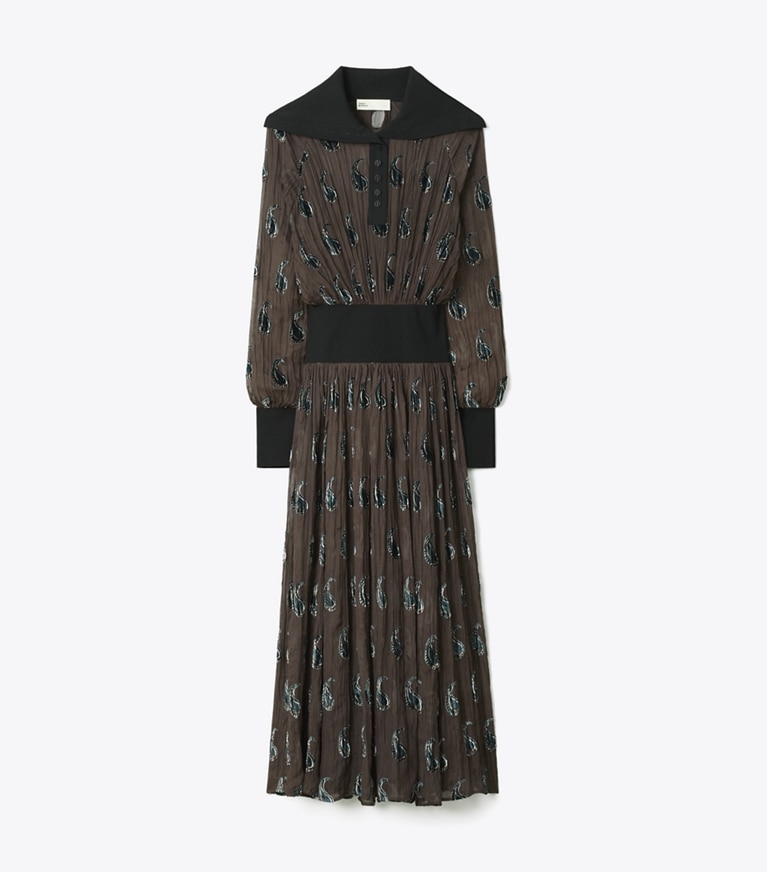 Tory Burch designer dresses Ribbed Waist Dress in Brown Paisley Shadow front