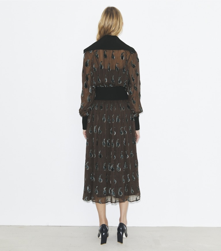 Tory Burch designer dresses Ribbed Waist Dress in Brown Paisley Shadow front