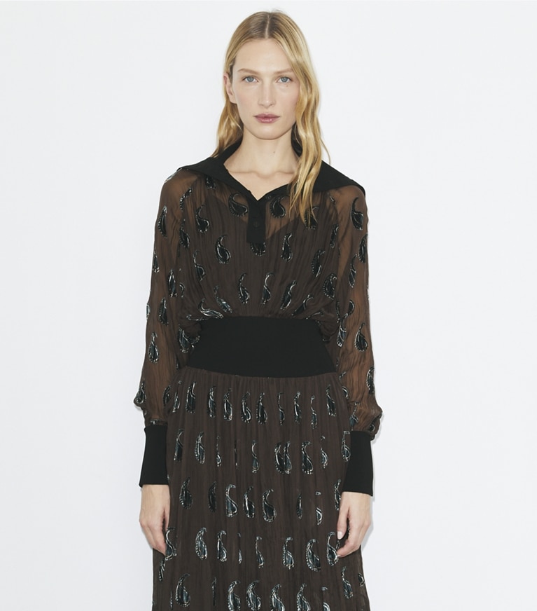 Tory Burch designer dresses Ribbed Waist Dress in Brown Paisley Shadow front