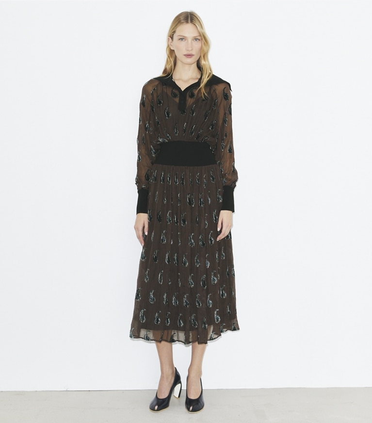Tory Burch designer dresses Ribbed Waist Dress in Brown Paisley Shadow front