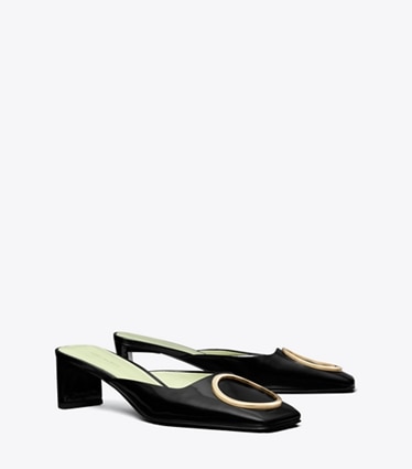 Tory Burch designer heels Ring Heeled Mule in PERFECT BLACK / GOLD angle
