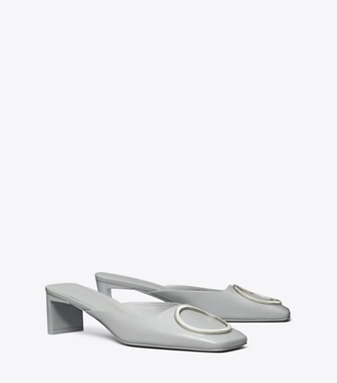 Tory Burch designer heels Ring Heeled Mule in LOUTRE GRAY / SILVER angle