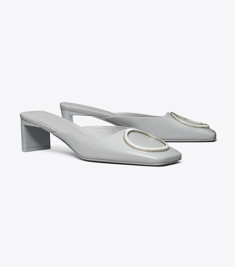 Tory Burch designer heels Ring Heeled Mule in LOUTRE GRAY / SILVER angle