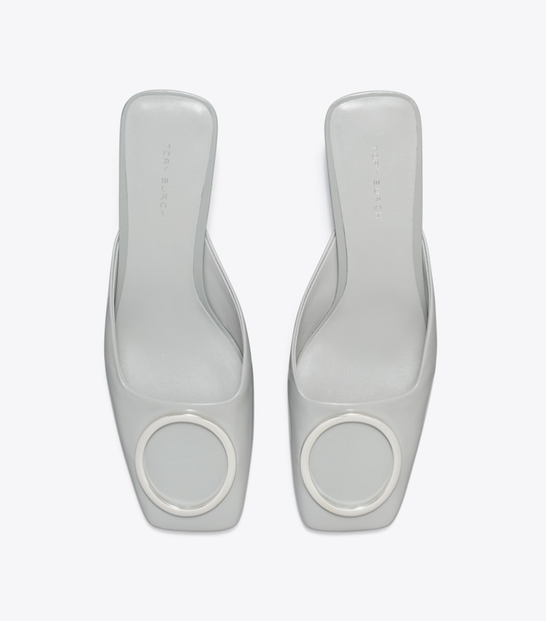 Tory Burch designer heels Ring Heeled Mule in LOUTRE GRAY / SILVER angle