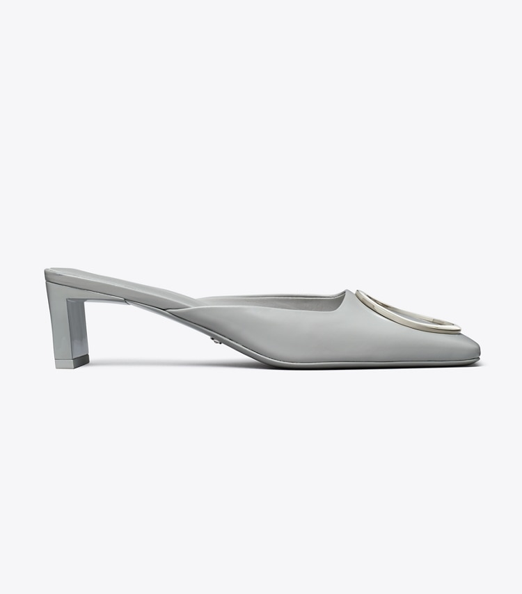 Tory Burch designer heels Ring Heeled Mule in LOUTRE GRAY / SILVER side